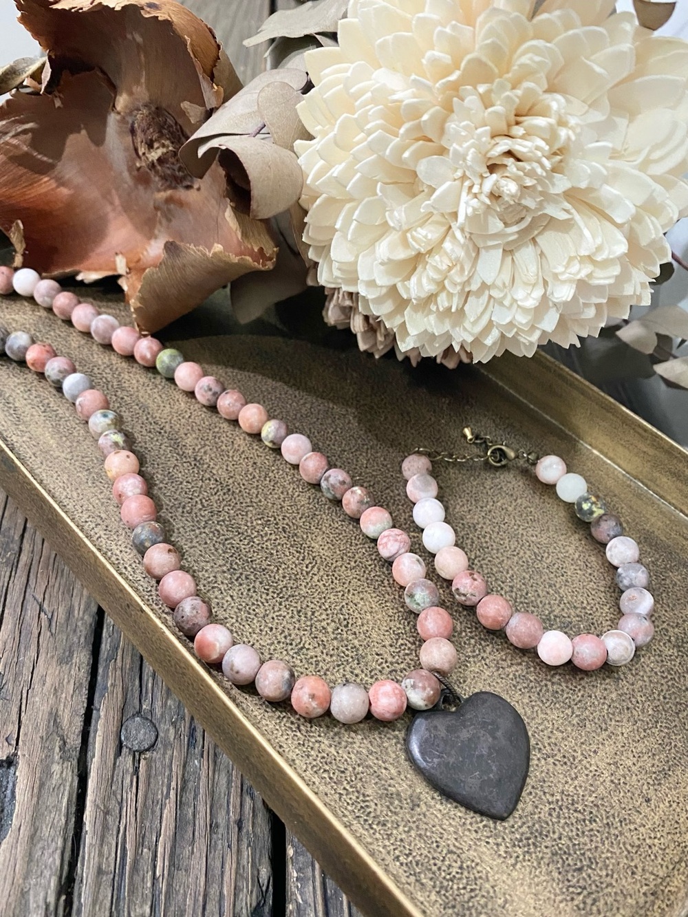 Rustic Charm Beaded Necklace & Bracelet Set with Heart Pendant